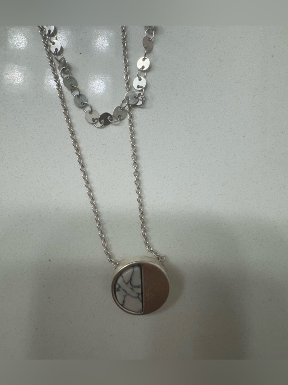 Buckle Silver-Tone Layered Necklace with White Marble and Silver Disc Pendant